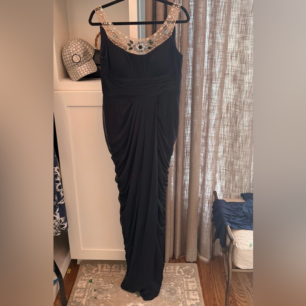 Adrianna Papell Navy Ruched Maxi Gown